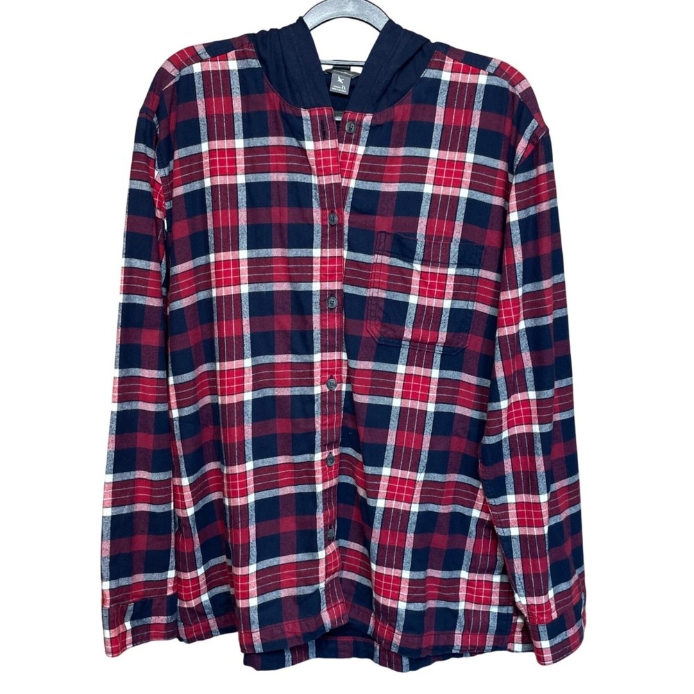 Eddie Bauer Red Navy Plaid Hooded Flannel Shirt Women Tall L
